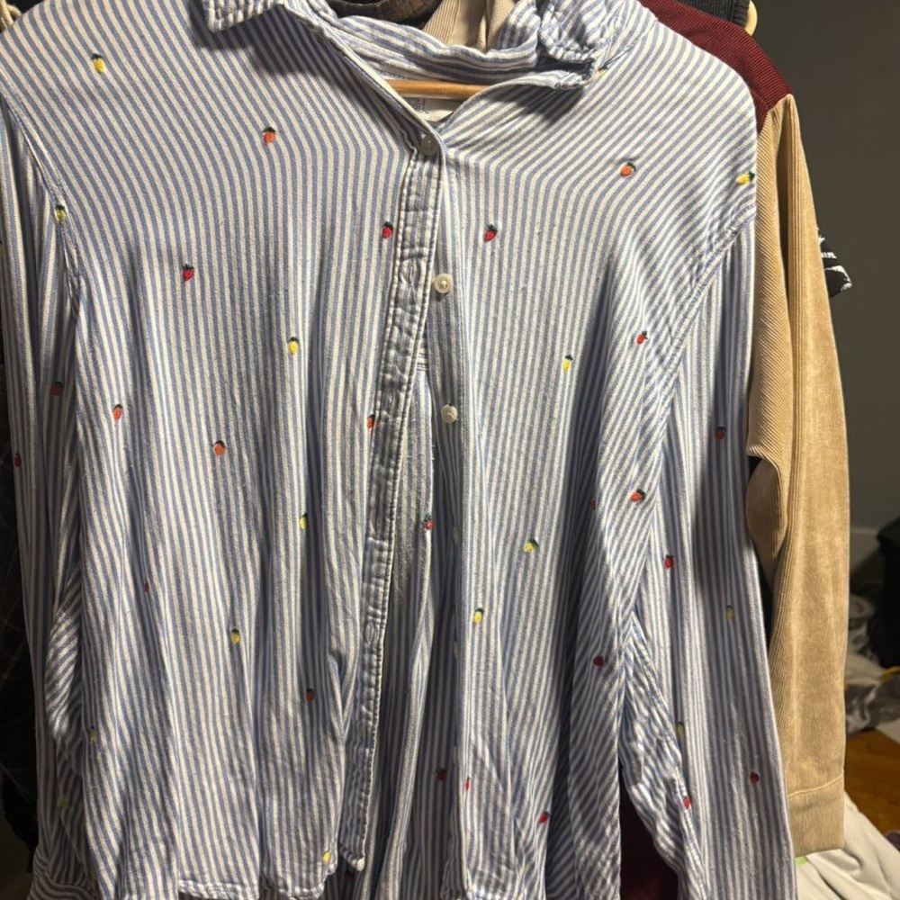 Blue and white striped shirt Time and Tru with fruit embroidery